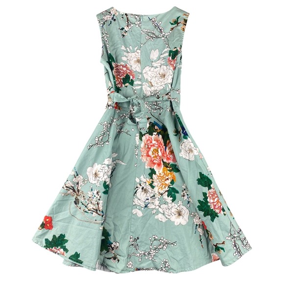 Dress Womens Medium Mint Floral Peony Fit & Flare Retro 50s Cotton Stretch OWIN - Picture 2 of 11